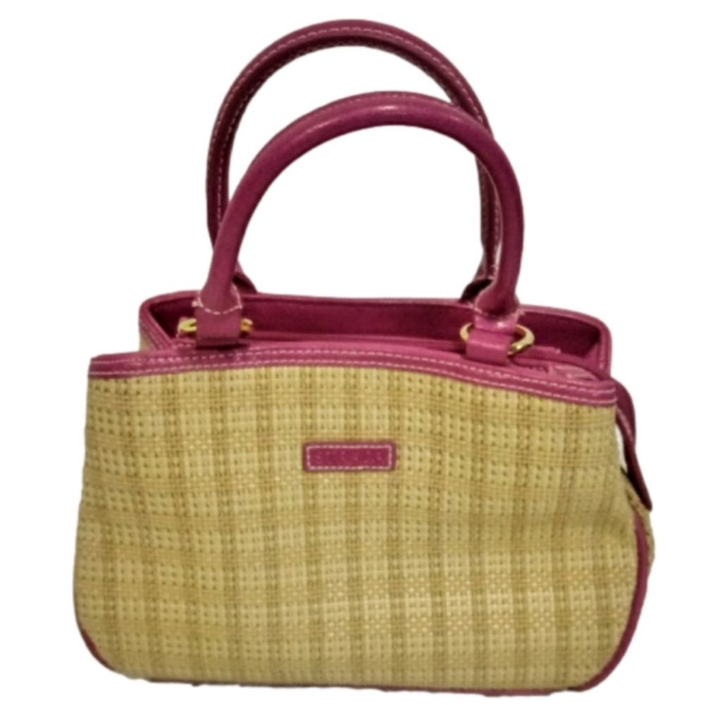 Strada Tan Pink Faux Leather Trim Woven Three Compartment Zip Snap Casual Bag